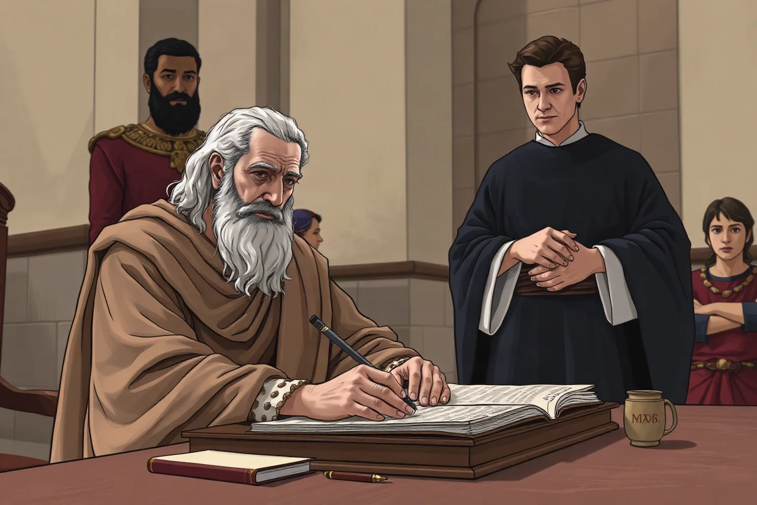 An elderly statesman in Roman robes working thoughtfully at a desk, adopting a capable successor in a formal ceremony with Senate members observing
