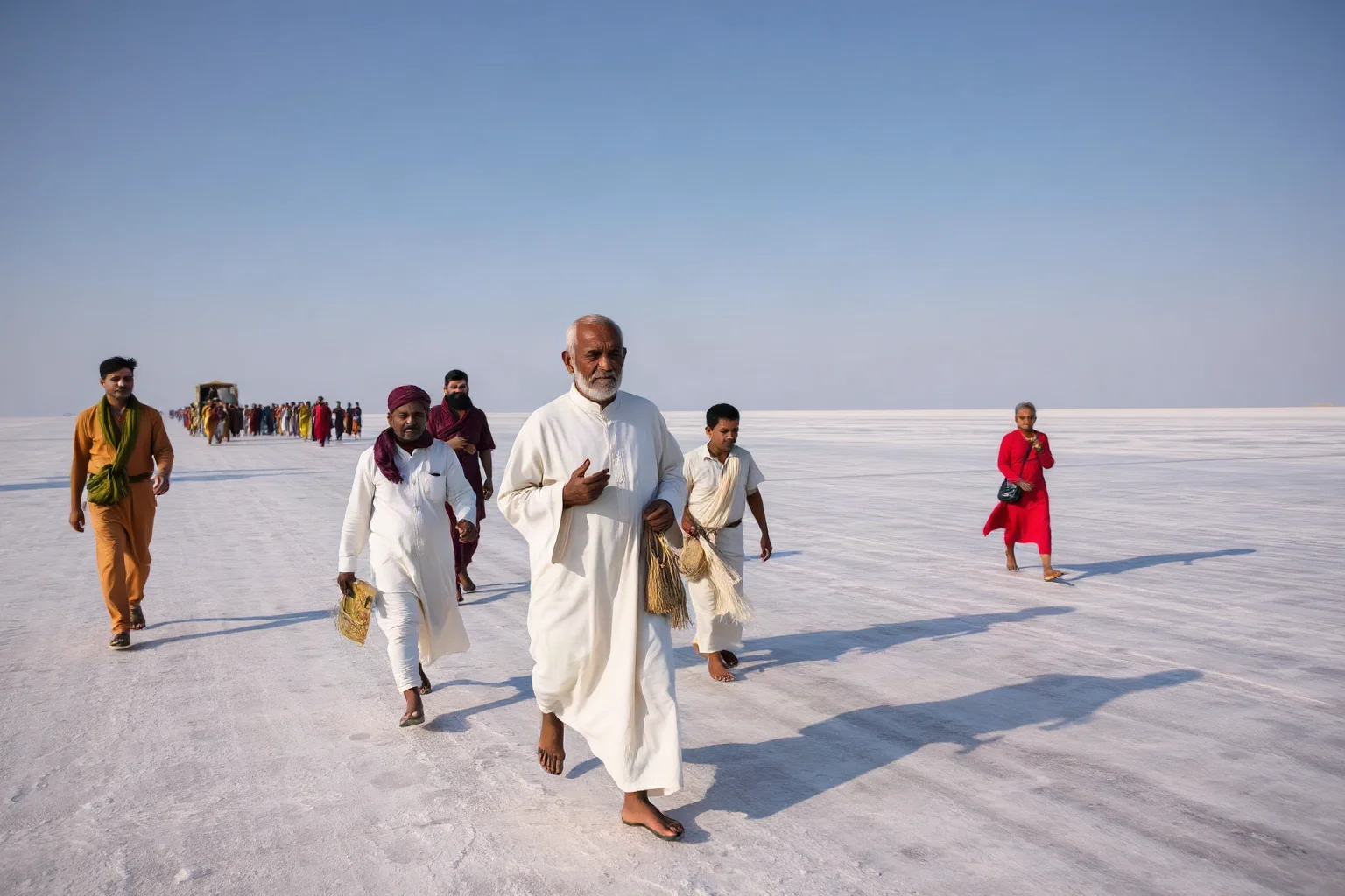 An elderly statesman in simple white robes leading a peaceful march of hundreds across salt flats