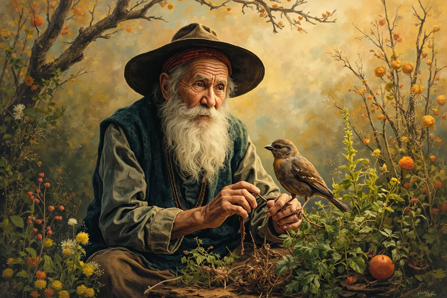 Familiars: The Long, Strange History of the Witch's Animal Companion 18 An elderly village healer surrounded by herbs and a small bird companion, warm historical illustration