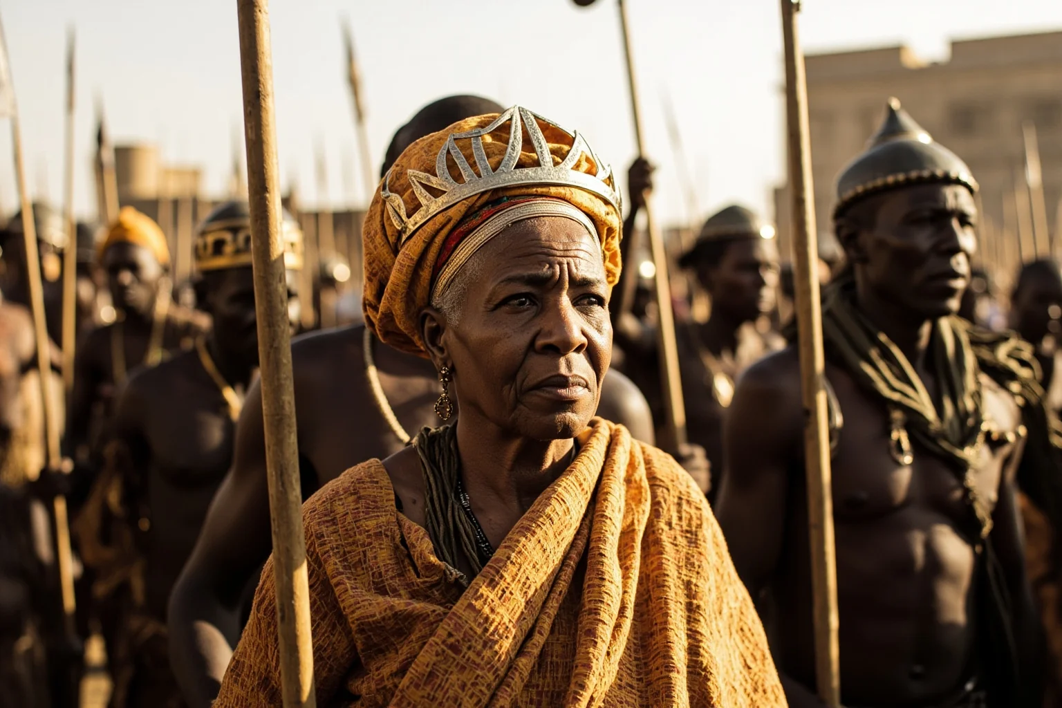 Wars Started By Women: The Rebel Queens Who Changed History 20 An elderly West African queen mother in traditional royal cloth rallying spear-carrying warriors before a British colonial fort