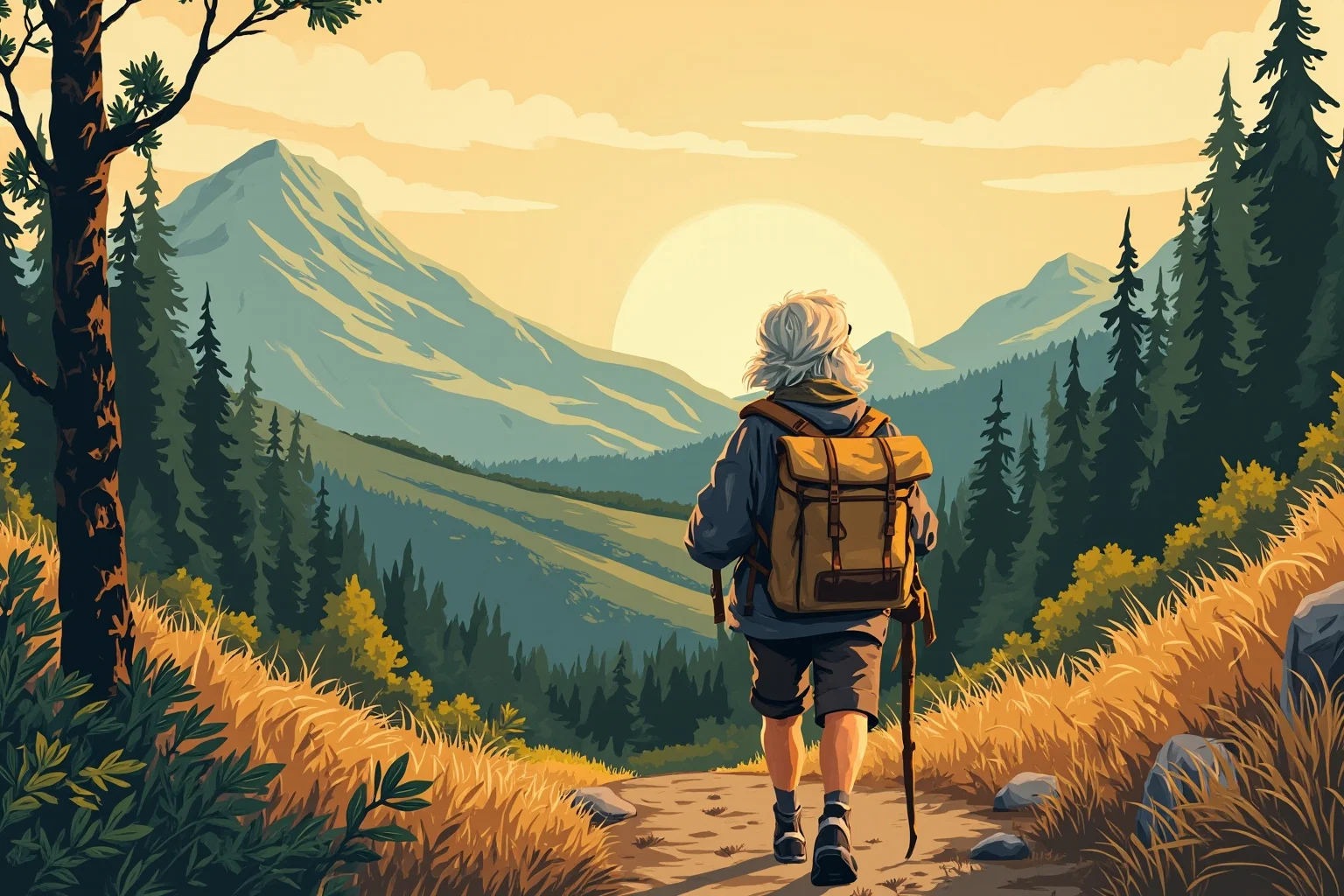 Longest Journeys Ever Undertaken On Foot 14 An elderly woman hiker with a simple sack walking a forested mountain trail, warm nostalgic illustration style