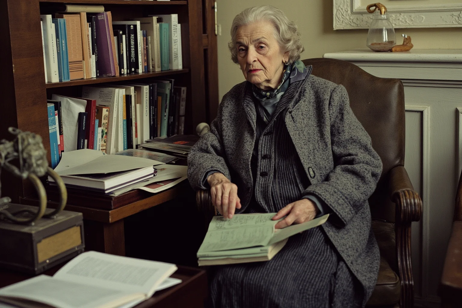An elderly woman in 1990s British attire sitting quietly in a modest home study, illustrated style