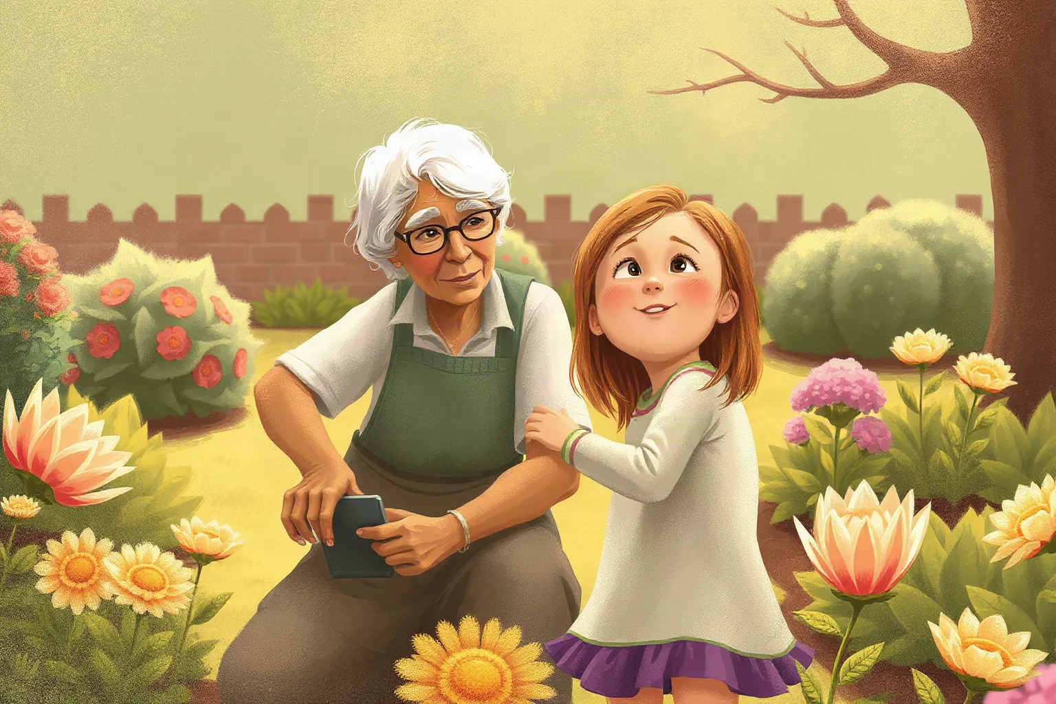 An elderly woman lovingly guiding a young granddaughter through a garden, warm illustrative style