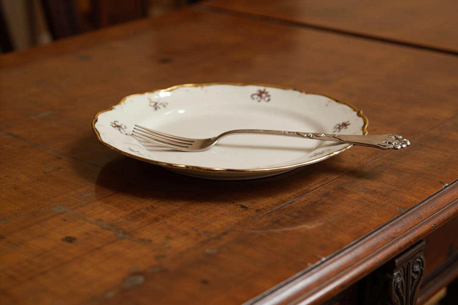 An elegant 16th century French dining table with an ornate silver fork laid beside a fine plate