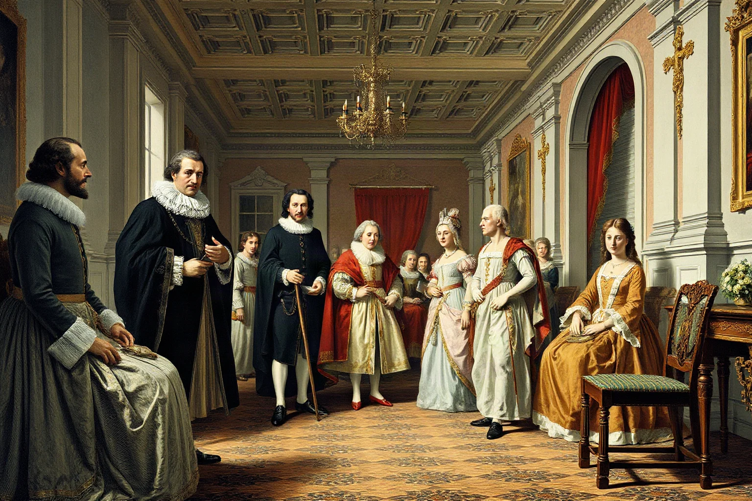 An elegant 17th-century English court scene with nobles in formal attire, generic figures, historical illustration