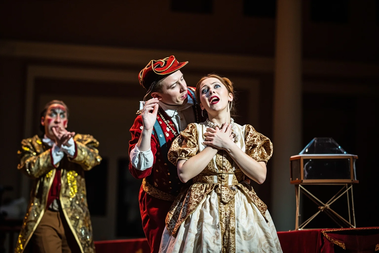 An elegant 18th-century comic opera scene with disguised lovers and ornate period costumes