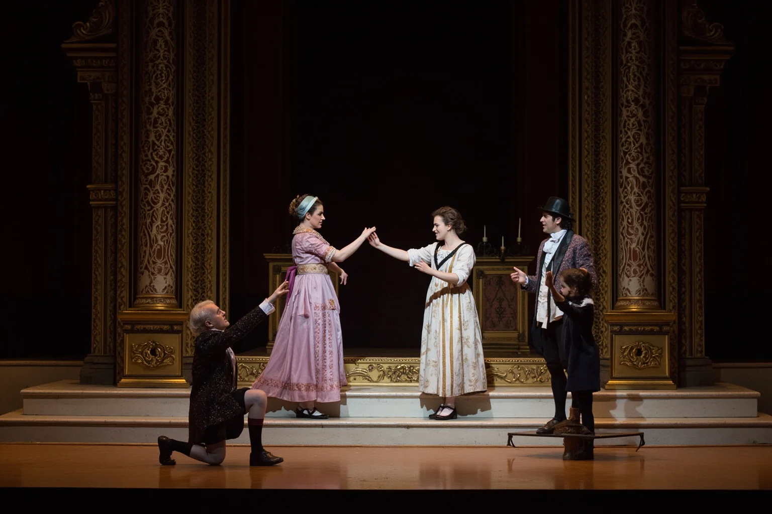 An elegant 18th-century opera stage scene with costumed performers mid-performance