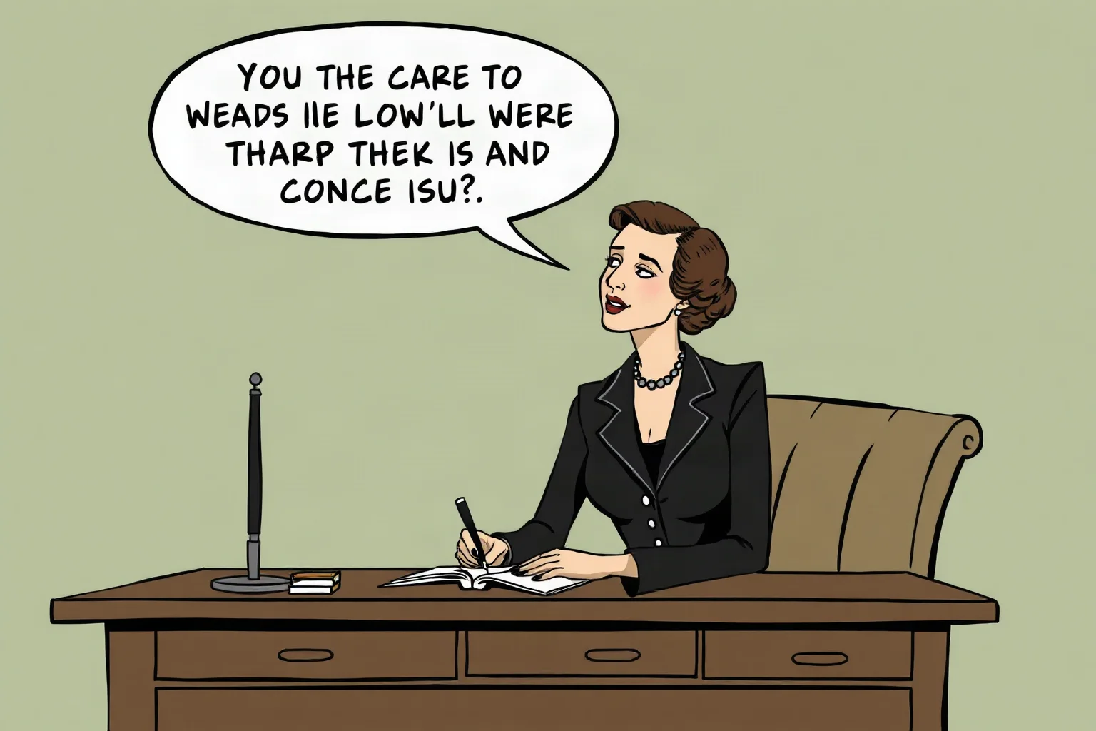 An elegant 1930s woman at a writing desk delivering a witty remark, illustrative editorial cartoon style