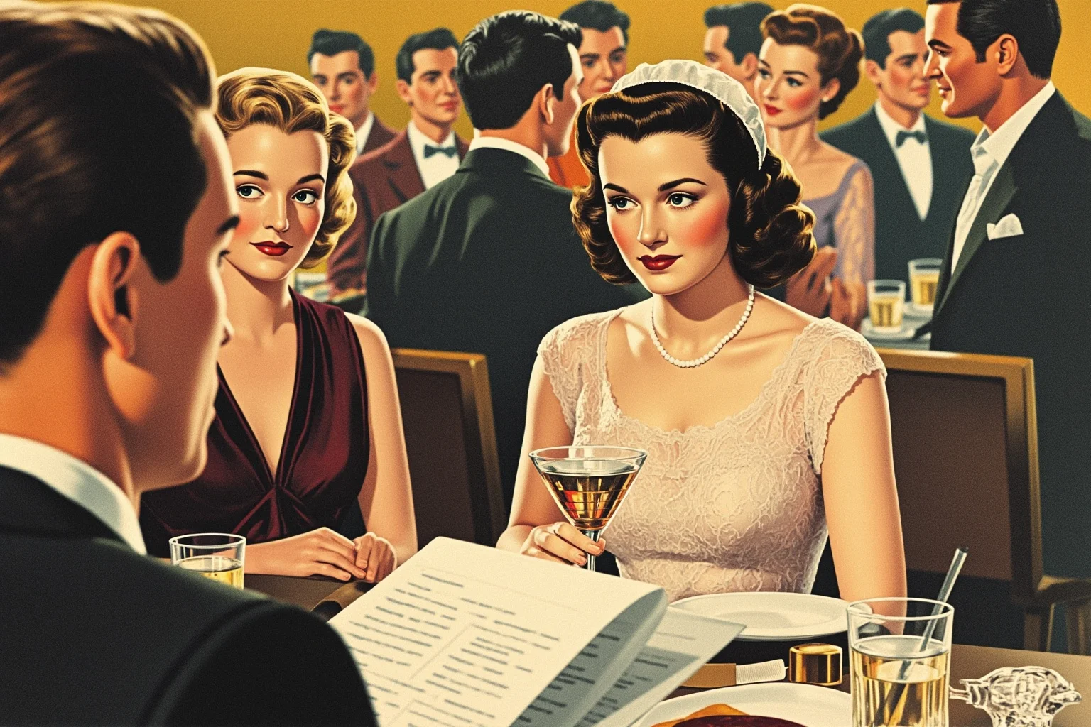 An elegant 1940s woman at an embassy cocktail party, subtly observing documents, illustrated style