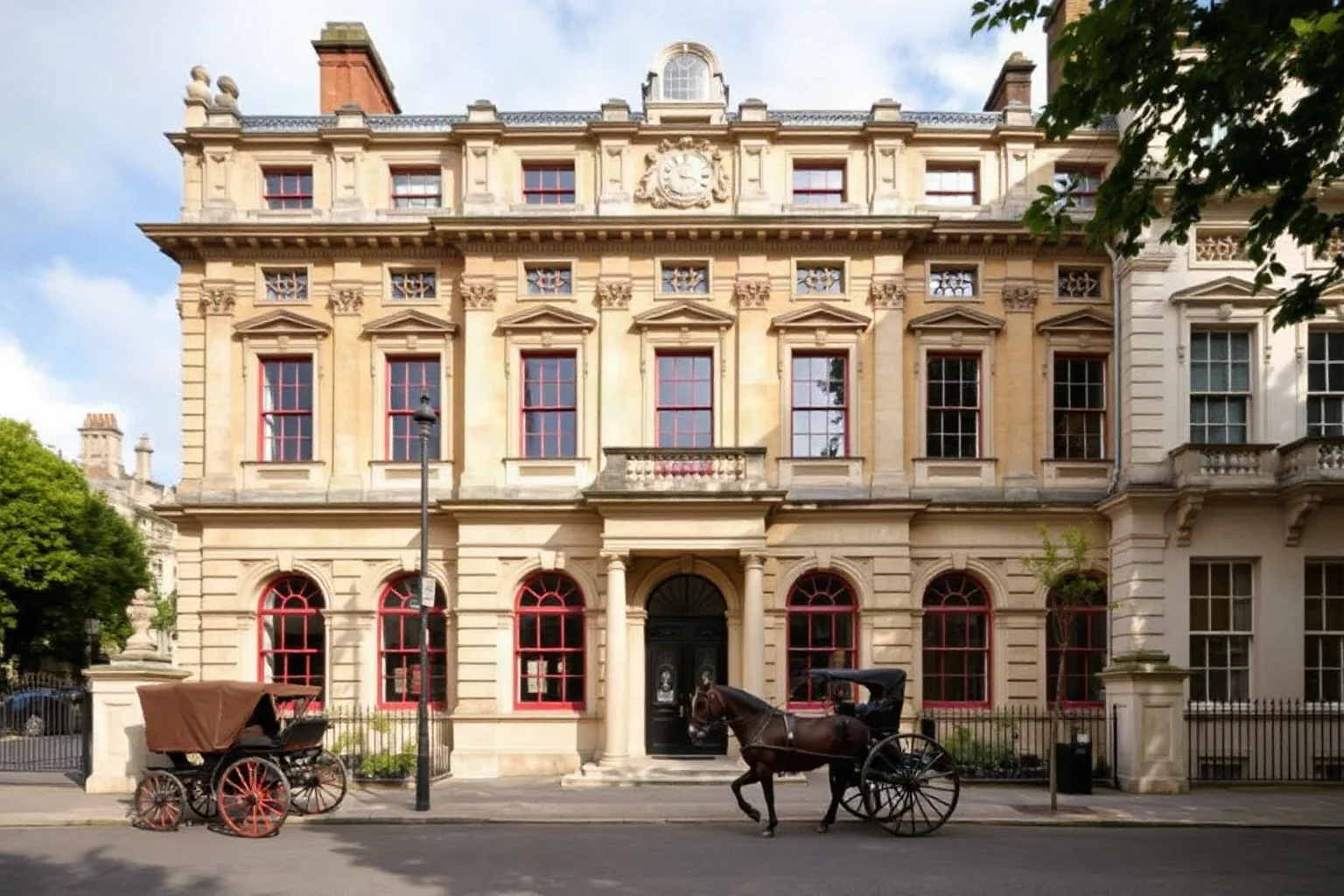 An elegant 19th-century London banking house exterior with carriages outside