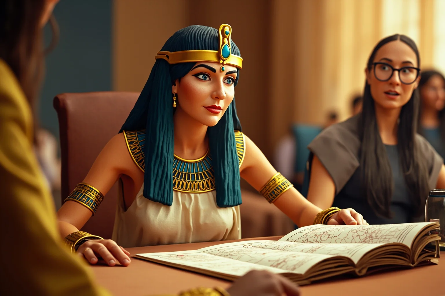An elegant ancient Egyptian queen in royal regalia studying documents and maps with advisors, illustrative style, non-photorealistic