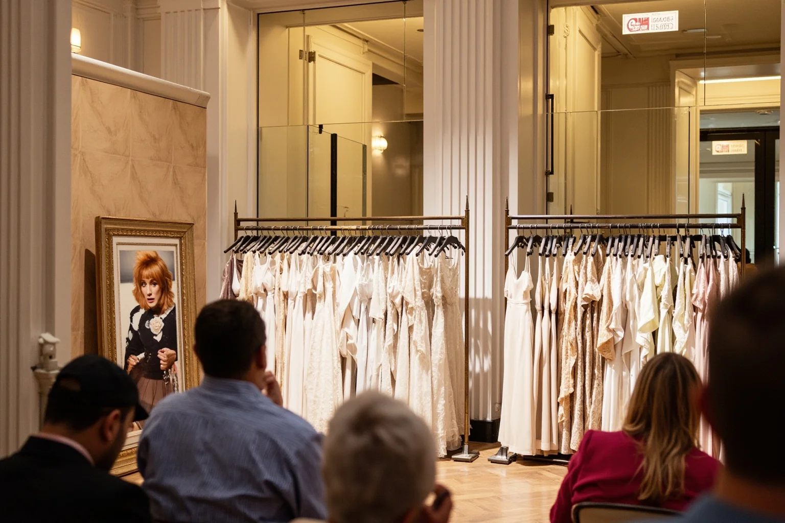 An elegant auction house interior with rows of designer gowns displayed for a charity sale, bidders seated