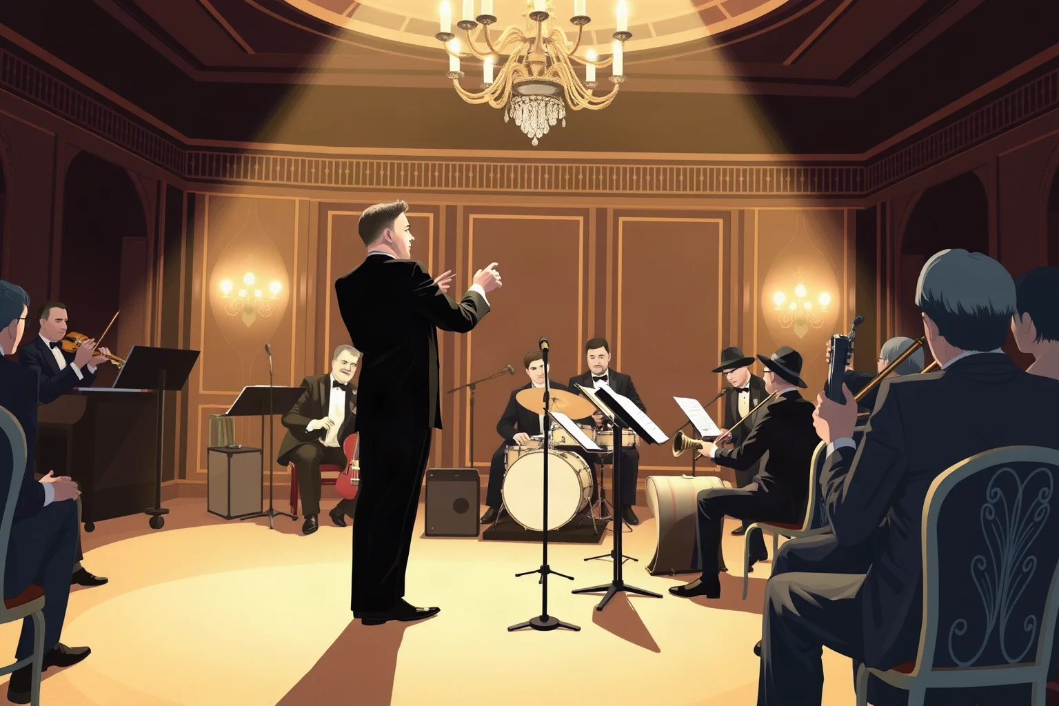 An elegant big-band leader conducting an orchestra on stage in a 1930s ballroom, illustrative style