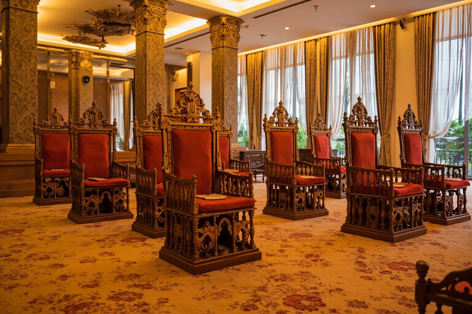 An elegant council chamber with nine ornate ceremonial thrones representing Malaysia's rotating monarchy