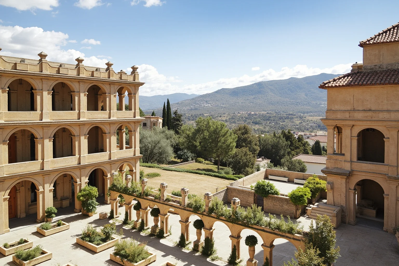 An elegant courtyard palace with graceful arched arcades and refined proportion in a hillside town