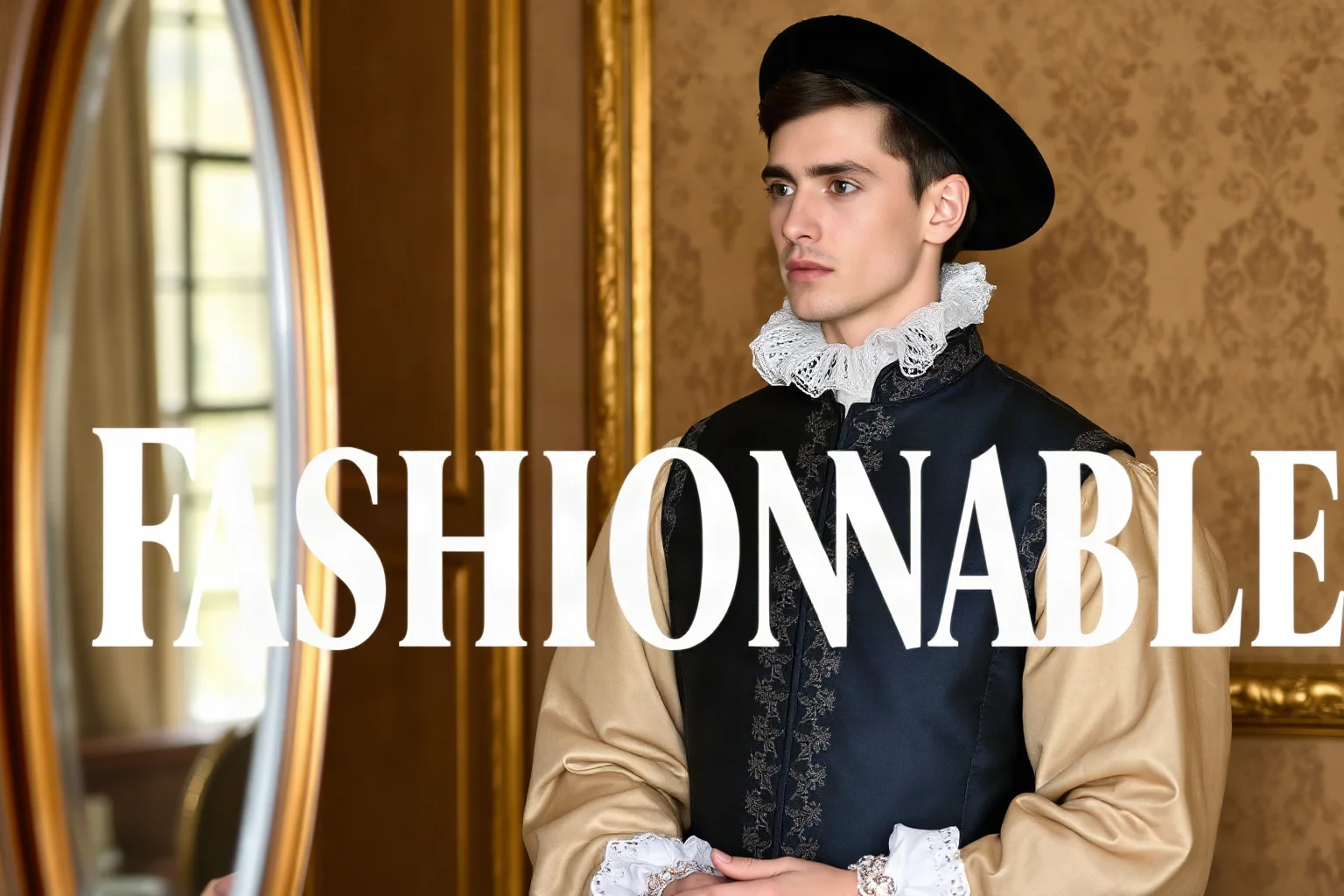 An elegant Elizabethan noble in fine tailored clothing admiring a mirror, representing the word 'Fashionable'
