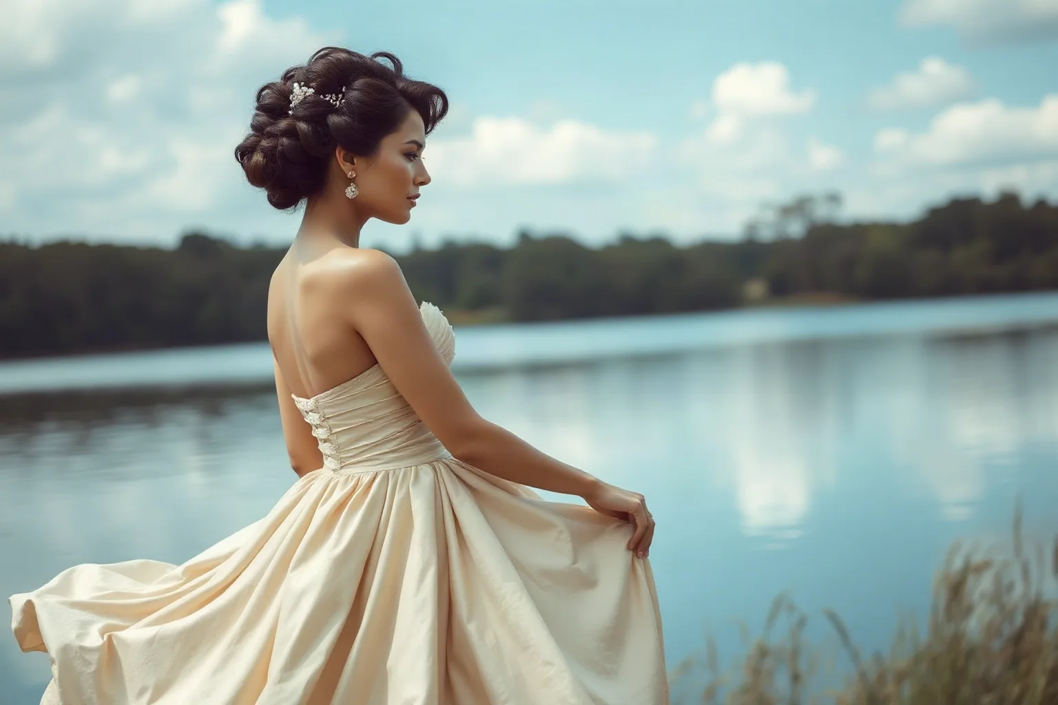 An elegant empress in a flowing gown with an ornate hairstyle, standing beside a lake