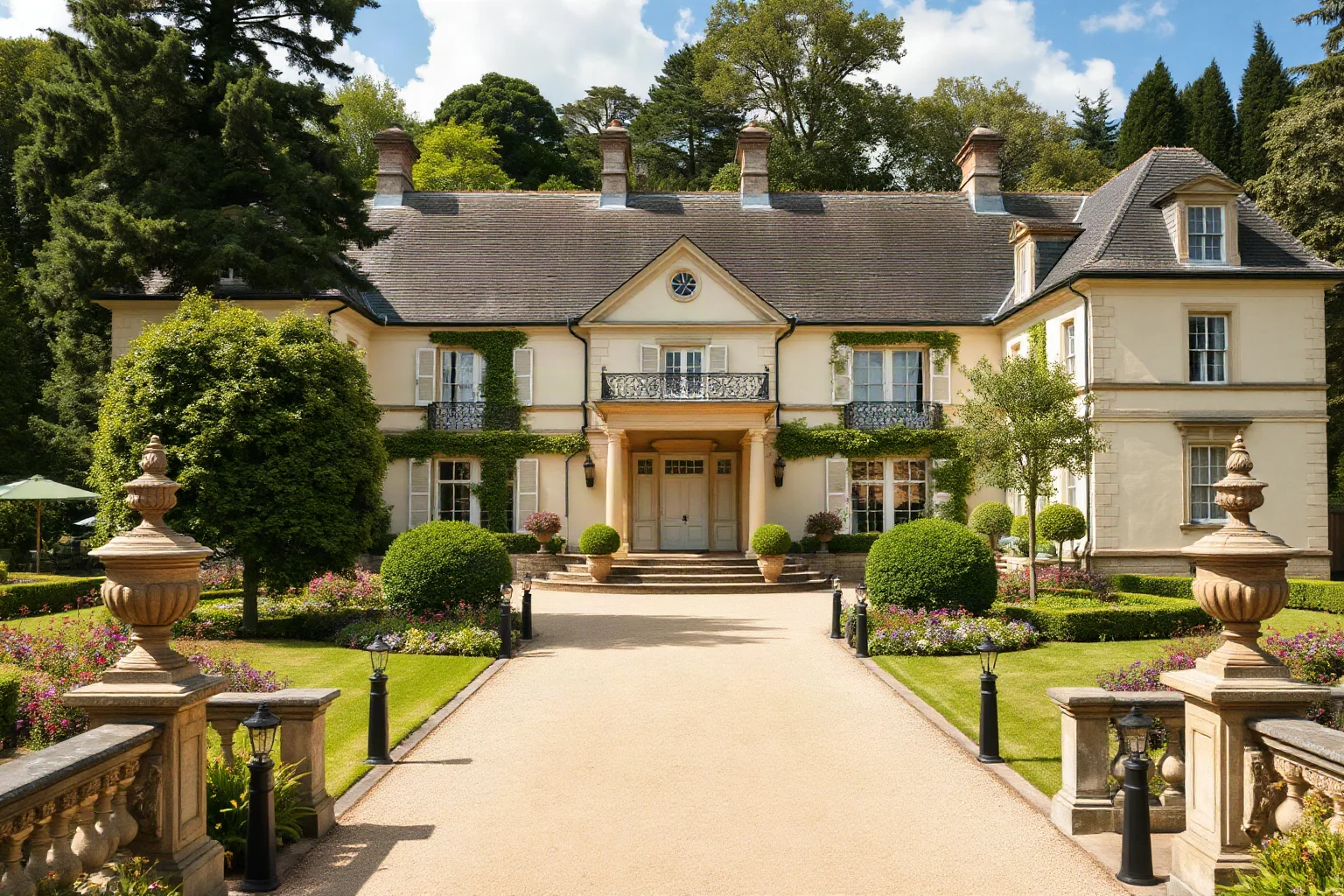 An elegant European country estate surrounded by gardens