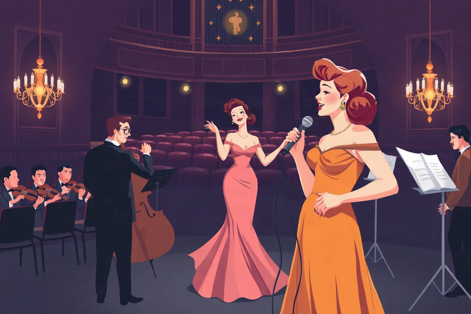 An elegant female jazz vocalist performing with an orchestra, 1950s concert hall, illustration style