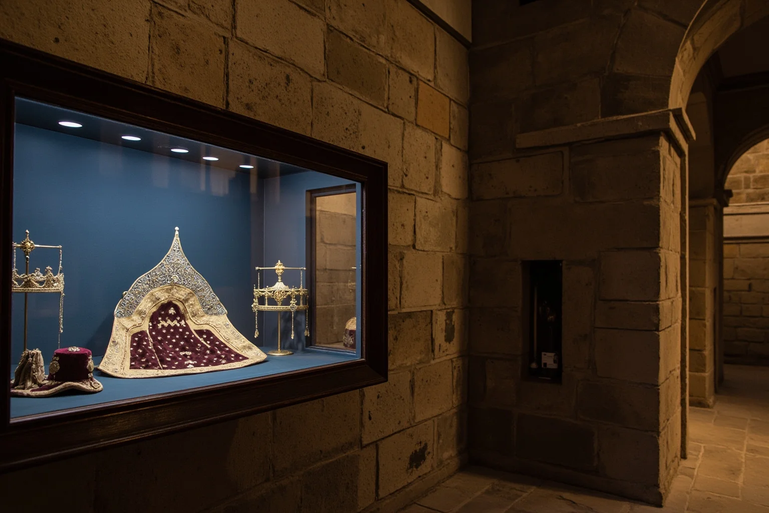 Missing Legendary Treasures That Are Yet to Be Found 18 An elegant glass display case holding jeweled royal regalia inside a historic stone castle room