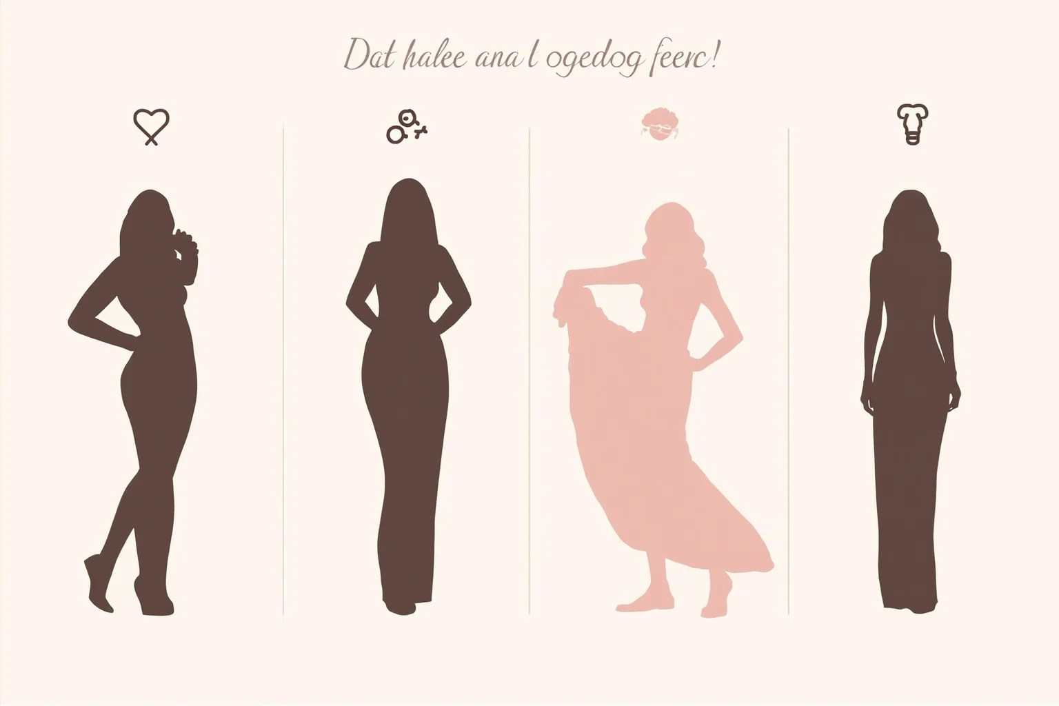 An elegant illustrated infographic-style image comparing four stylized silhouette body shapes labeled with simple abstract goddess-inspired icons, minimalist line art, no text, soft pastel color palette