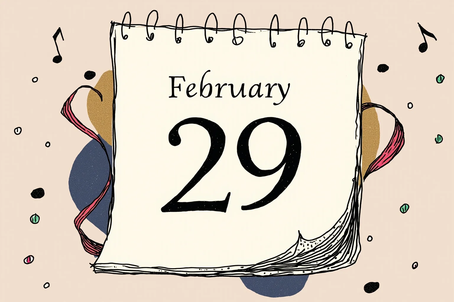 Historical Figures That Were Shockingly Born In The Same Year 10 An elegant illustration of a calendar page turned to February 29th, surrounded by musical notes and confetti, symbolizing rare leap-day birthdays