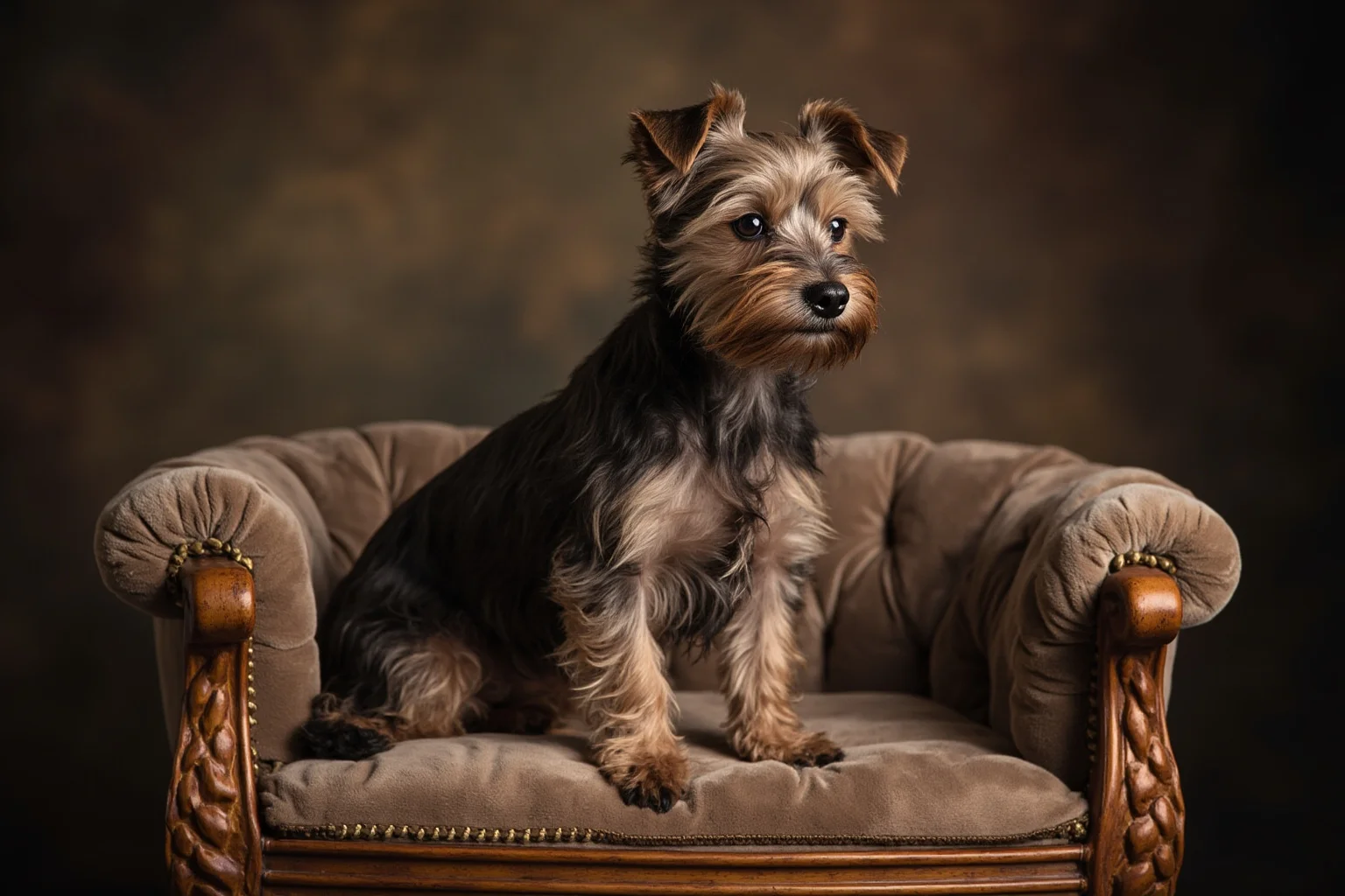 Pooches of the Past: 23 Extinct Dog Breeds and Their Stories 21 An elegant long-haired small terrier posed on a decorative cushion, Victorian pet portrait style
