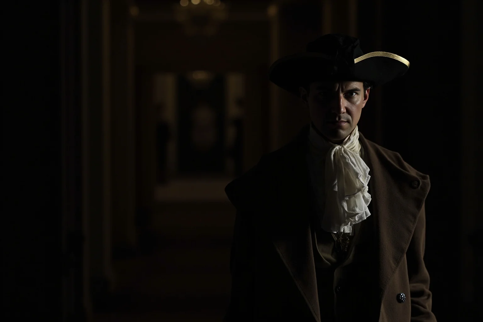 20 of the Most Mysterious People in History 4 An elegant, mysterious 18th-century courtier in fine period clothing standing in a dim palace hallway, face obscured by shadow, painterly style