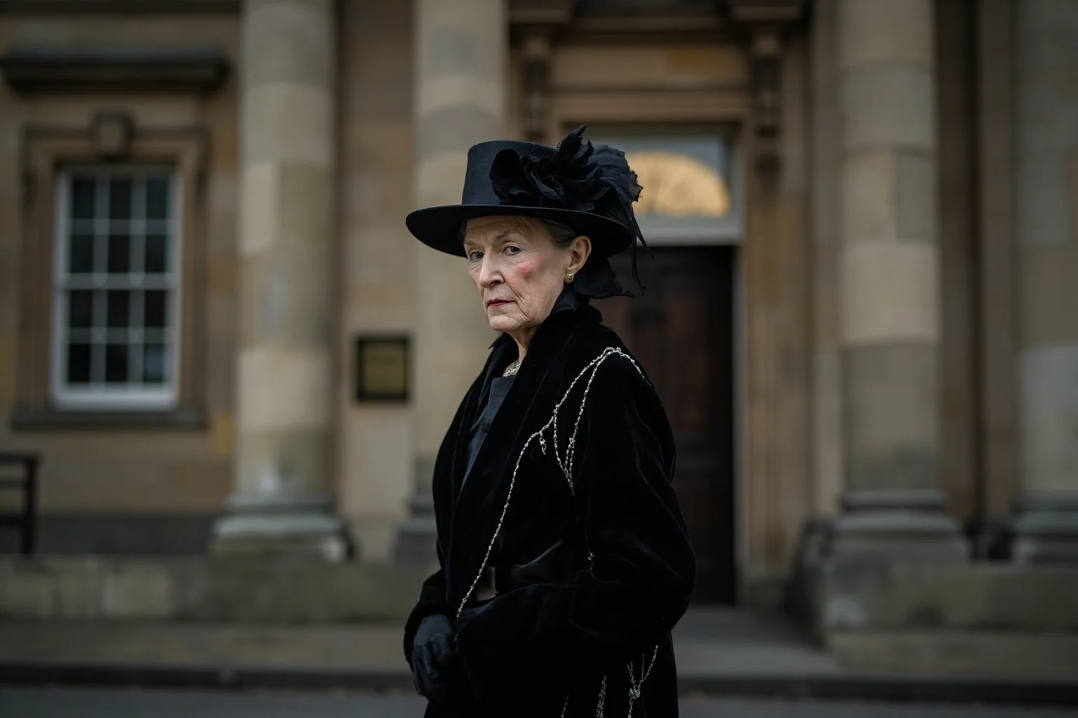 Historical Figures Who Boarded the Titanic — And 10 Who Didn't Survive 9 An elegant older Edwardian woman in mourning black standing before a grand stone library building