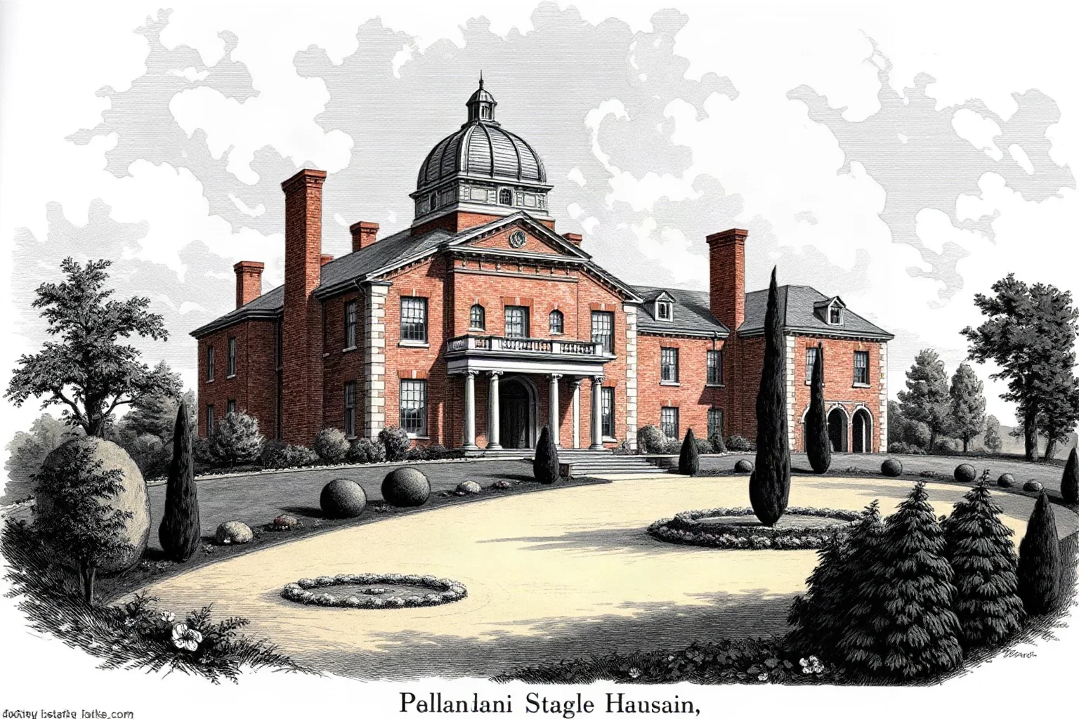 An elegant Palladian-style brick mansion on a hilltop with a domed roof and gardens, historical estate illustration