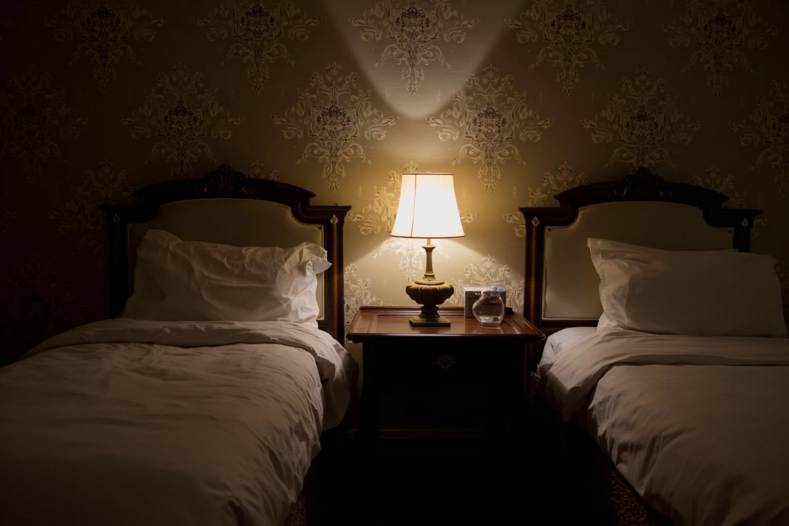 An elegant Parisian hotel room from 1900 with ornate wallpaper and a single lit lamp