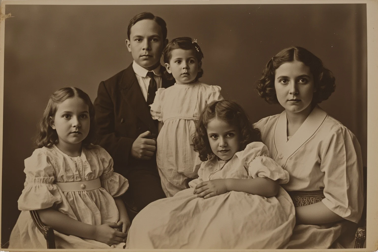 An elegant sepia-toned French-Canadian family portrait from the early 1900s featuring a young girl