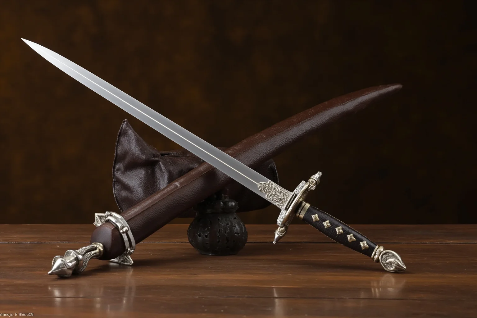 An elegant slender thrusting sword crossed with a dueling glove on a Renaissance-era table