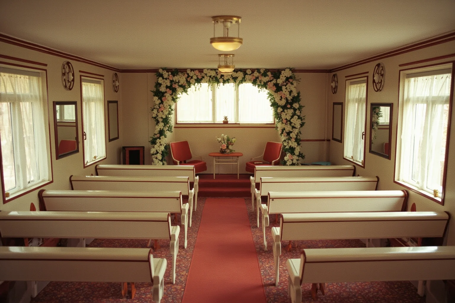 An elegant small wedding chapel interior in 1960s Las Vegas with simple floral decor