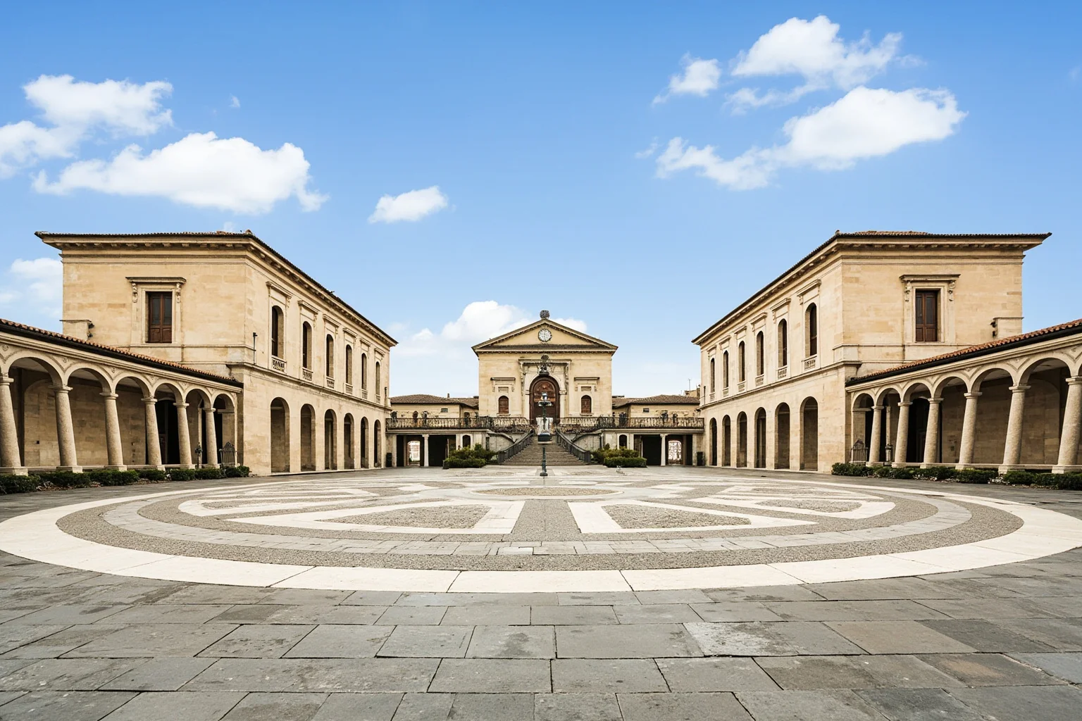 An elegant trapezoidal piazza framed by three classical palace facades with an oval geometric pavement pattern