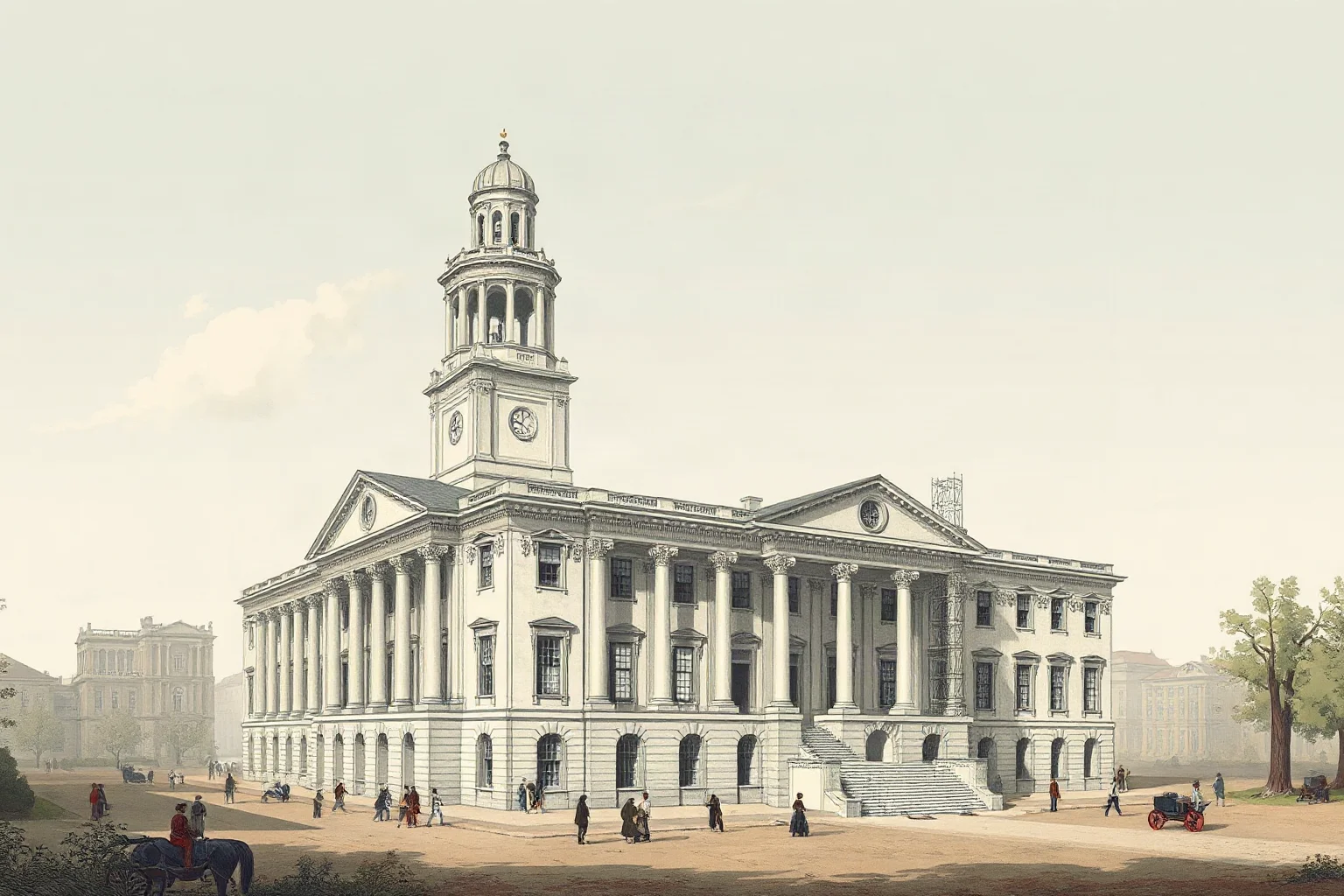 An elegant unfinished white government building under construction in the late 1700s, historical illustration style