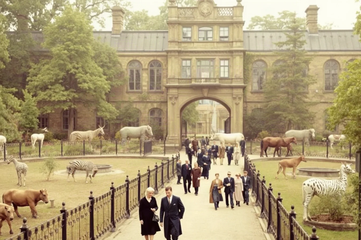 An elegant Victorian-era zoological garden with iron-railed enclosures and visitors in formal dress strolling among them