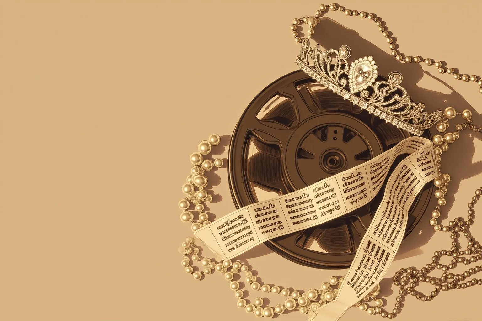 Historical Figures That Were Shockingly Born In The Same Year 3 An elegant vintage-style illustration evoking three glamorous late-1920s icons of film and fashion: a string of pearls, a film reel, and a tiara arranged artfully, sepia tones