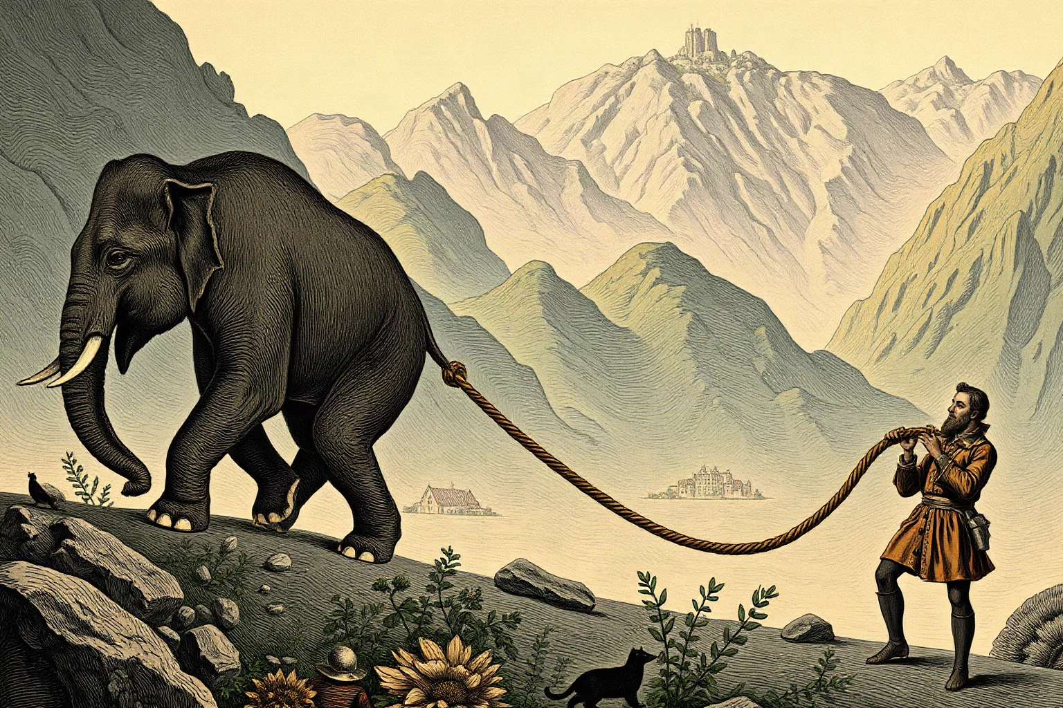 An elephant being led on a long rope through a mountain pass by handlers, small European towns visible in the distance, historical illustration