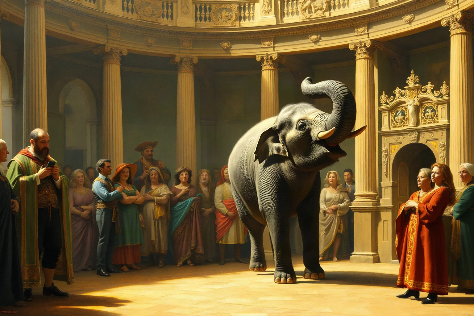 An elephant performing before a crowd in an ornate Renaissance courtyard, with a robed dignitary observing, painterly style