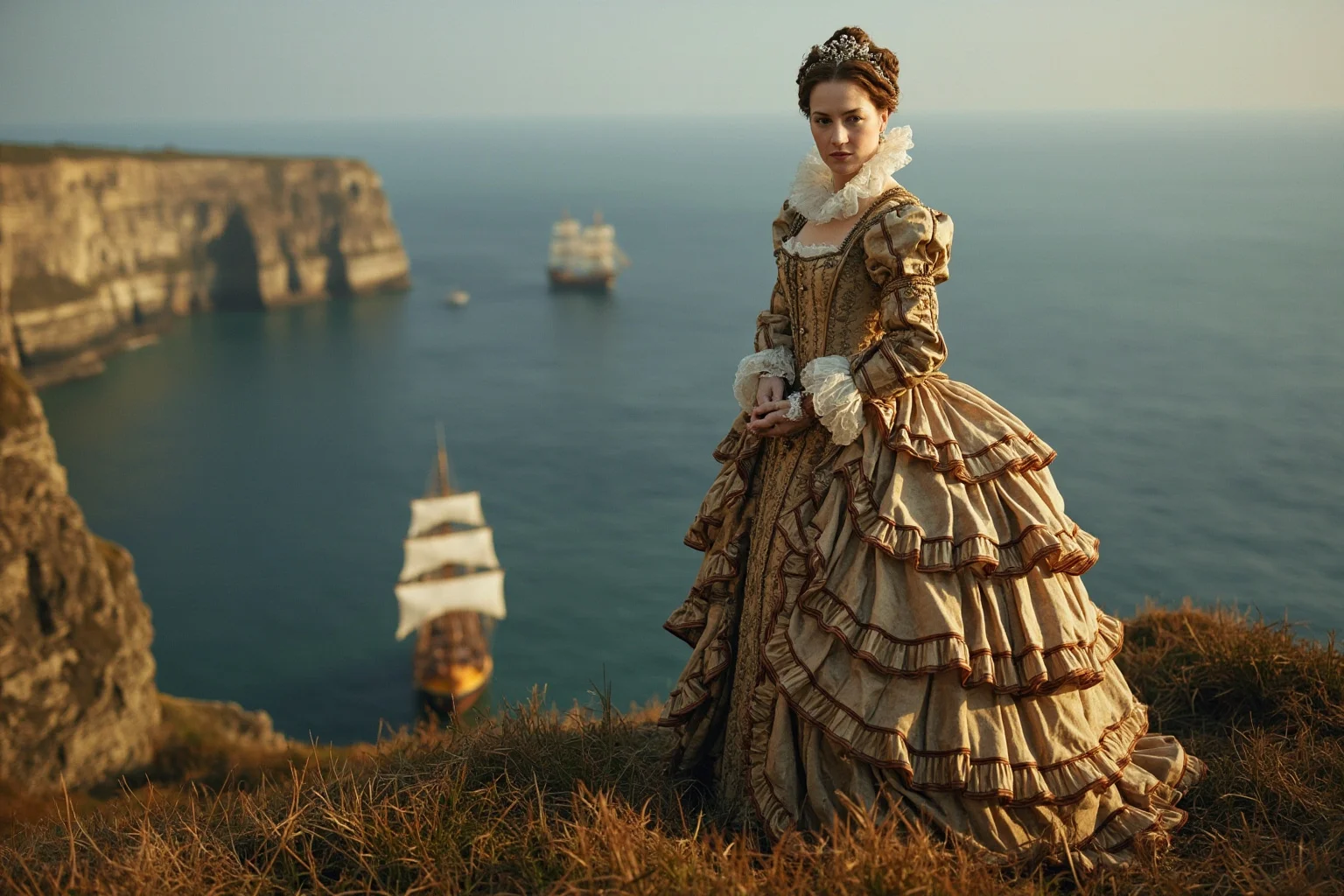 Wars Started By Women: The Rebel Queens Who Changed History 14 An Elizabethan-era English queen in an ornate ruffled gown standing on a cliffside overlooking ships at sea