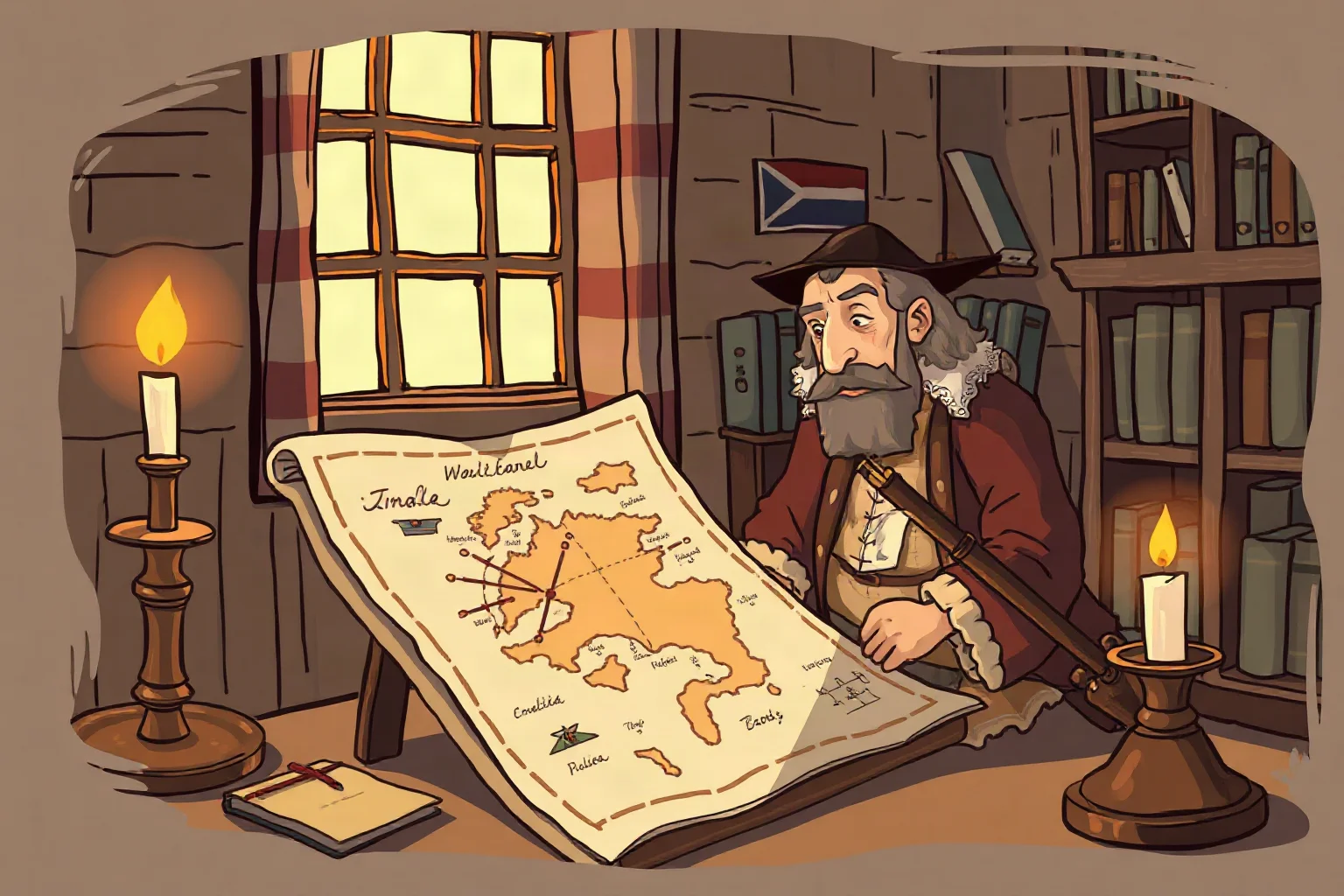 An Elizabethan-era explorer studying a map in a candle-lit study, illustrated historical style