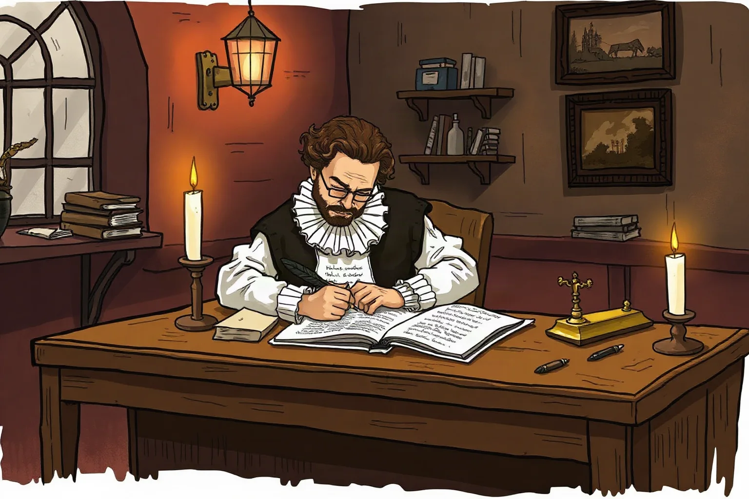An Elizabethan-era writer at a wooden desk with quill and parchment in a candlelit room, illustrative style