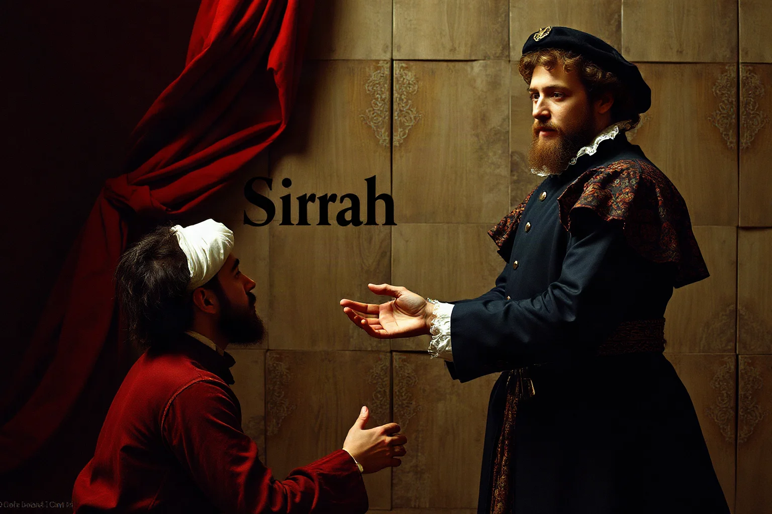 An Elizabethan nobleman gesturing down at a kneeling servant, illustrating the address 'Sirrah'