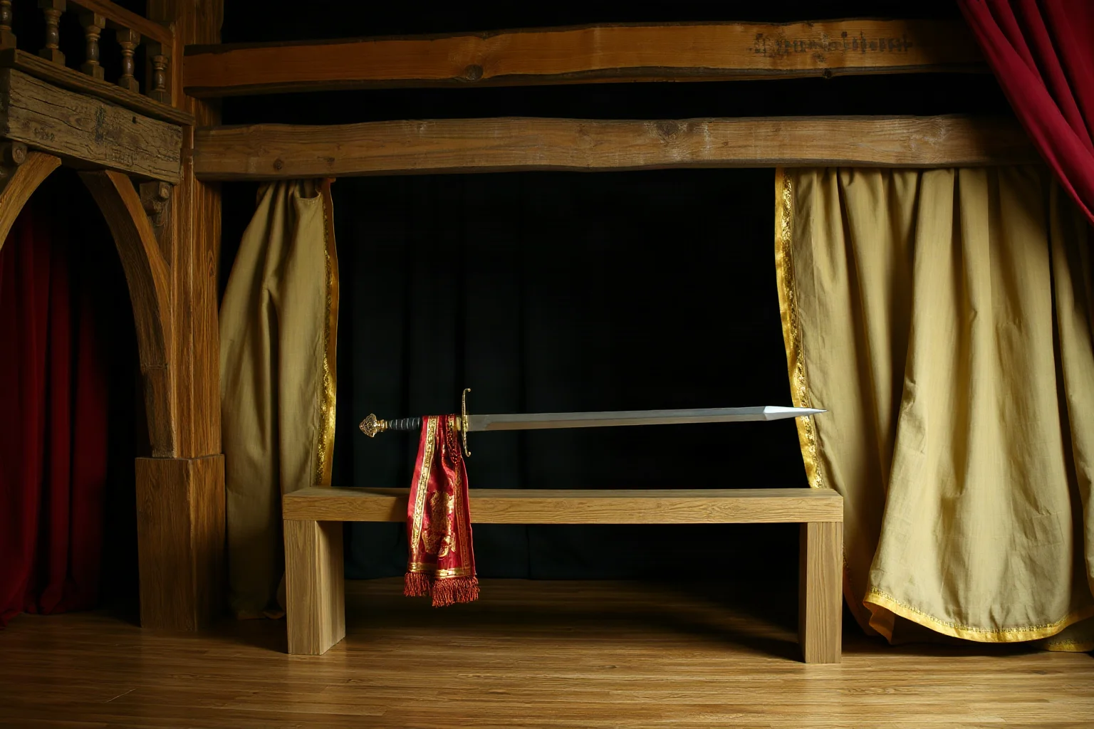An Elizabethan theater stage with a Roman toga and prop sword resting on a wooden bench