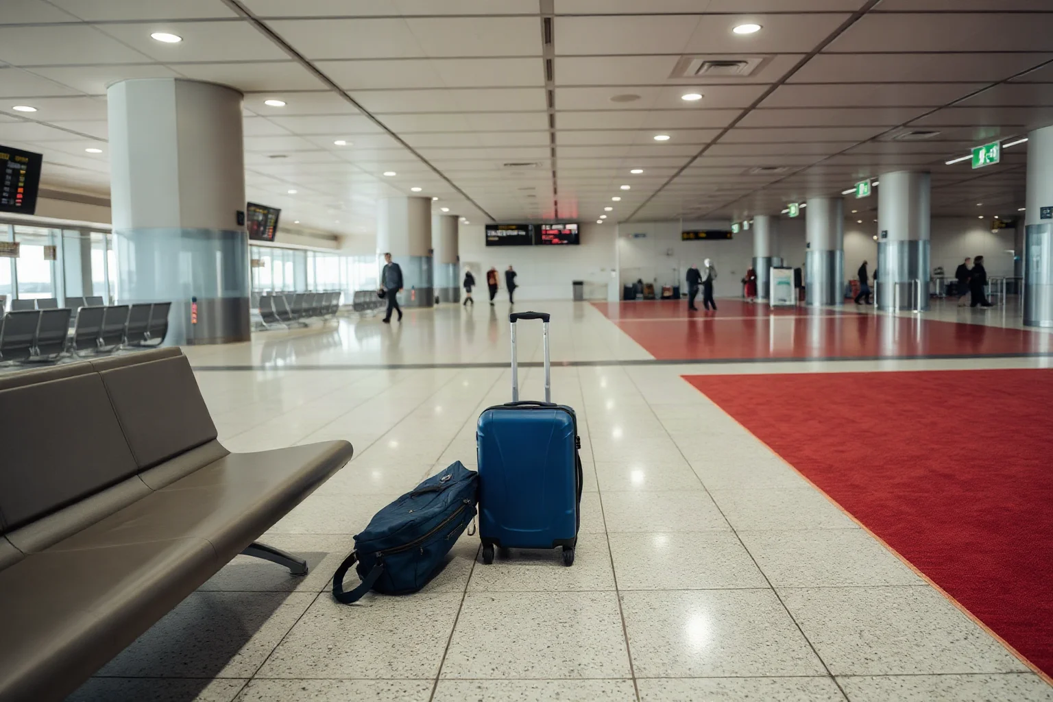 An empty airport arrivals hall with a single suitcase left unattended near a bench