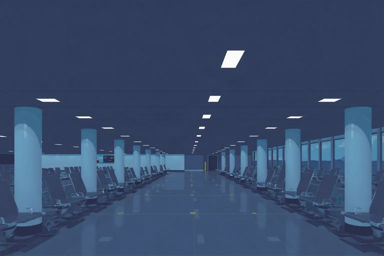 An empty airport departure lounge at night, illustrative style suggesting a courier about to vanish