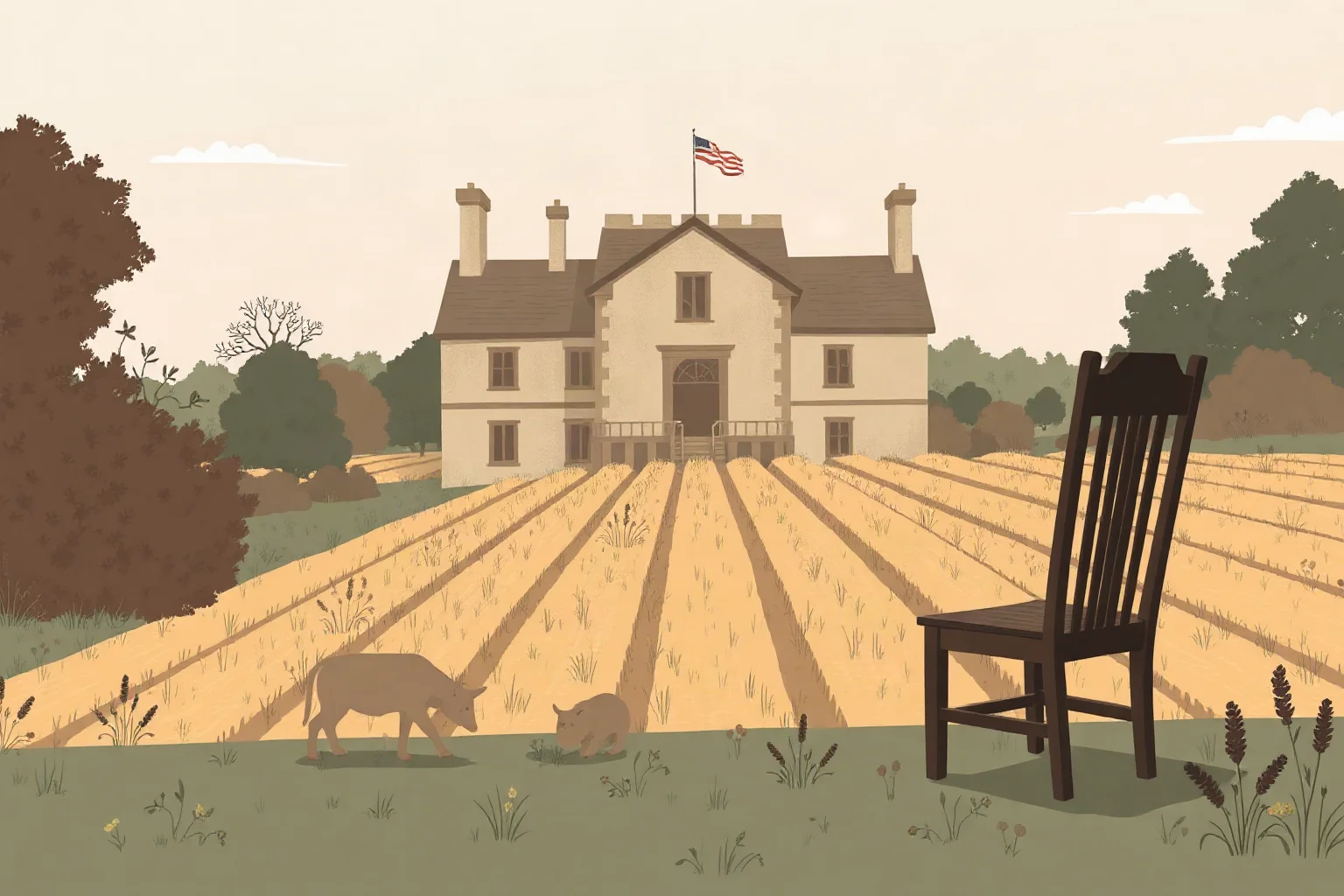 An empty chair and a farmer's field at a 17th-century English manor house, symbolizing an absent father, muted colors, illustration style