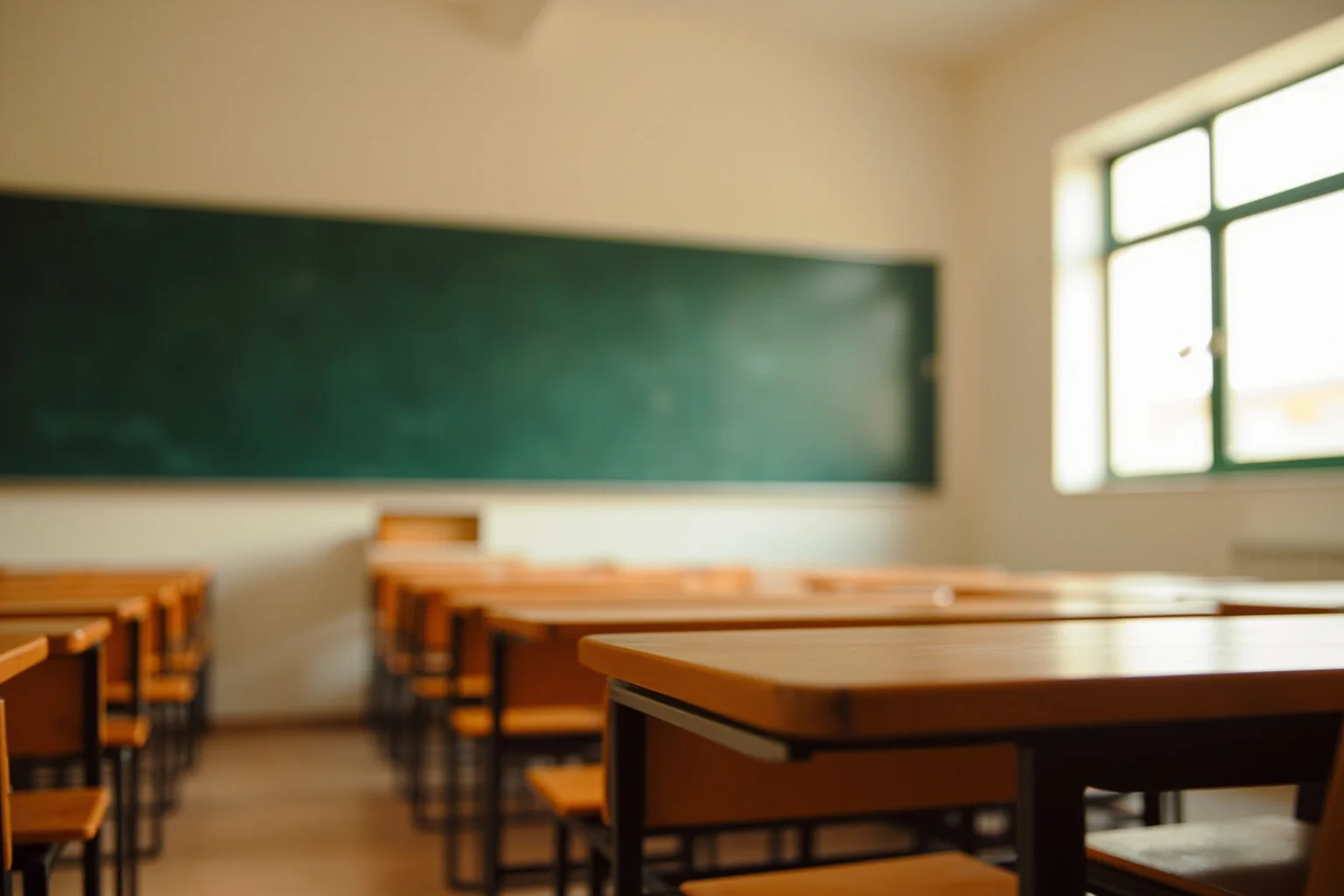Words of Wisdom: 20 of Albert Einstein's Greatest Quotes 13 An empty classroom with a chalkboard and rows of wooden desks bathed in soft light