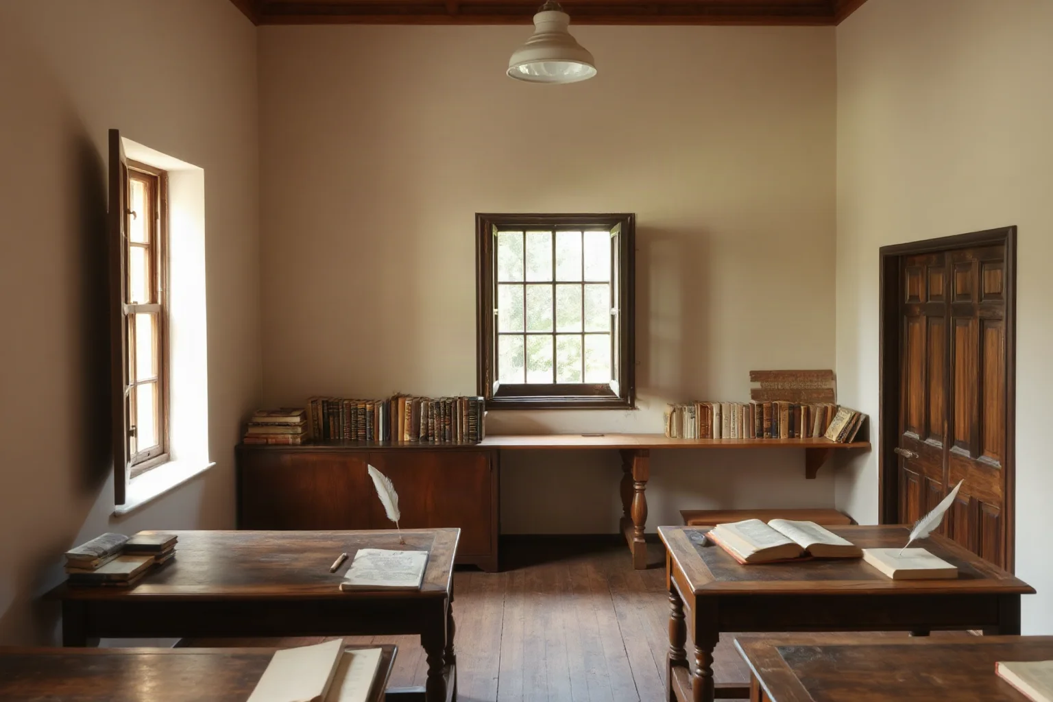 An empty colonial-era classroom or study room with books, quills, and an open window, historical still life